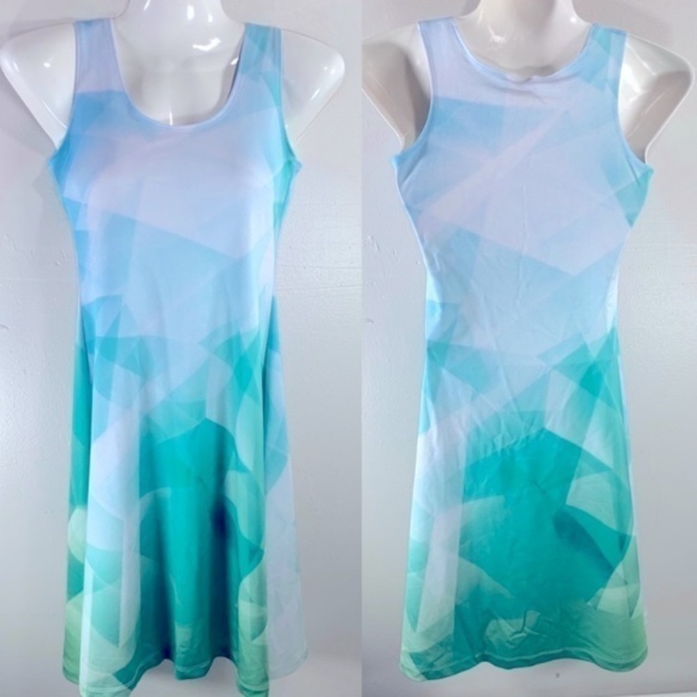 COWCow Artsy skater dress mini stretchy geometric print green white sleeveless